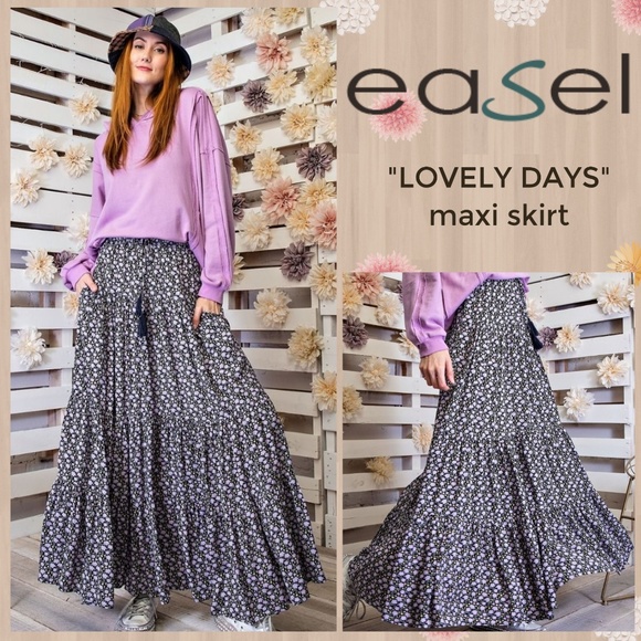 Easel "Lovely Days" Tiered Floral Elastic Drawstring Waist Maxi Skirt W/ Pockets
